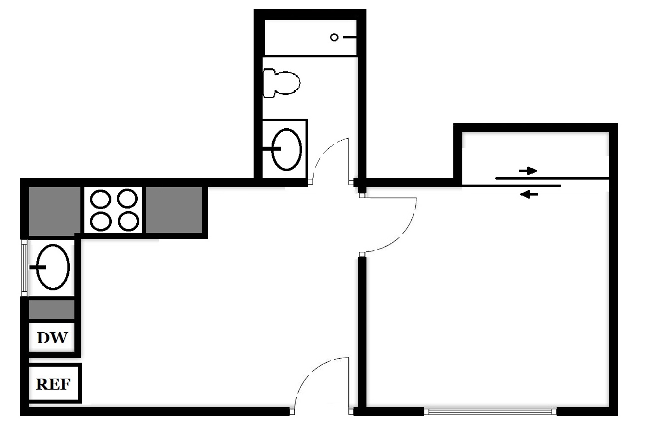 Floor plan for 1 bed, 1 bath, 350 sqft